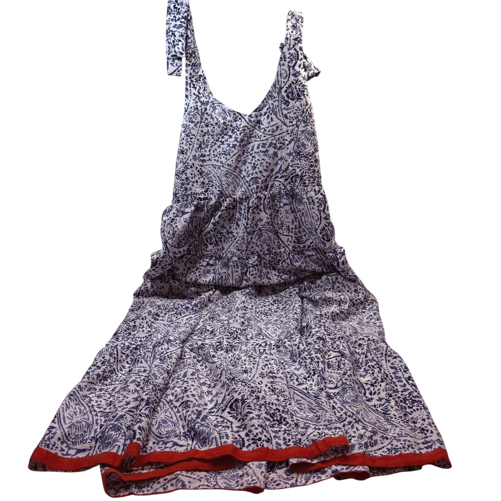 Audrey‎ Parks Francescas Blue White Paisley Tiered Maxi Dress Red Trim XS NWT